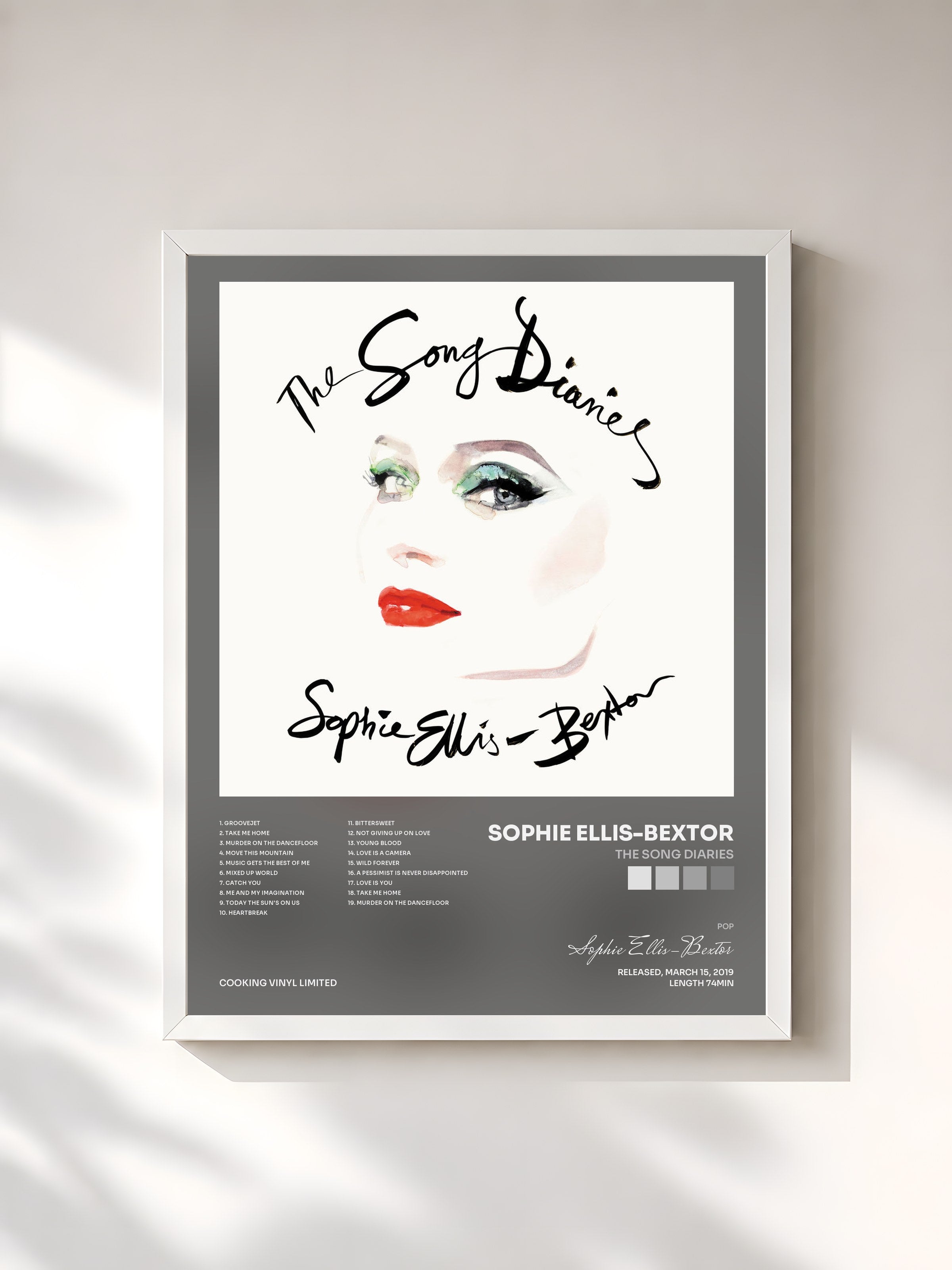 #blanc Tableau de l'album The Song Diaries de Sophie Ellis-Bextor, cadre blanc, imprimé et encadré en France