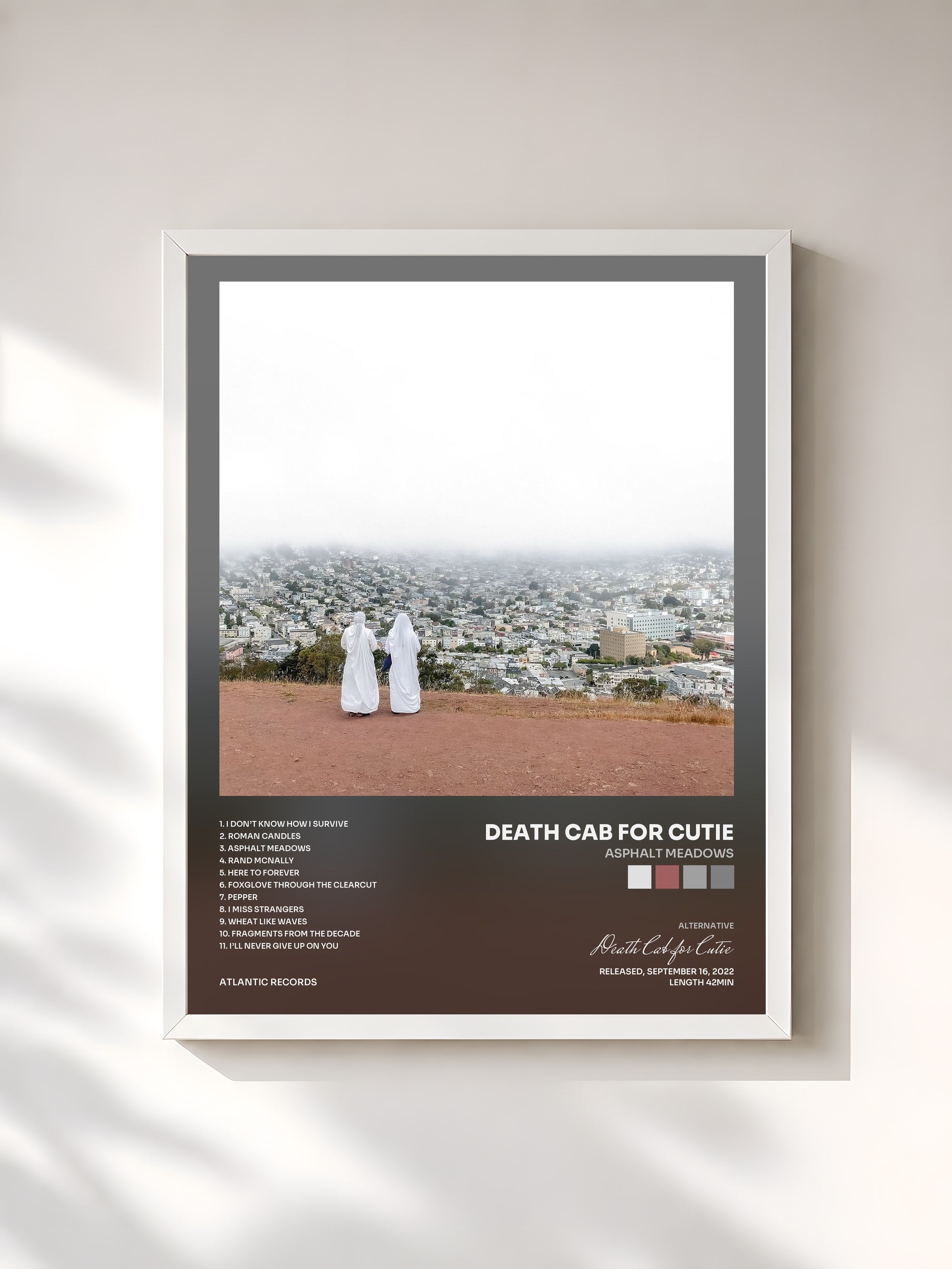 #blanc Tableau de l'album Asphalt Meadows de Death Cab for Cutie, cadre blanc, imprimé et encadré en France