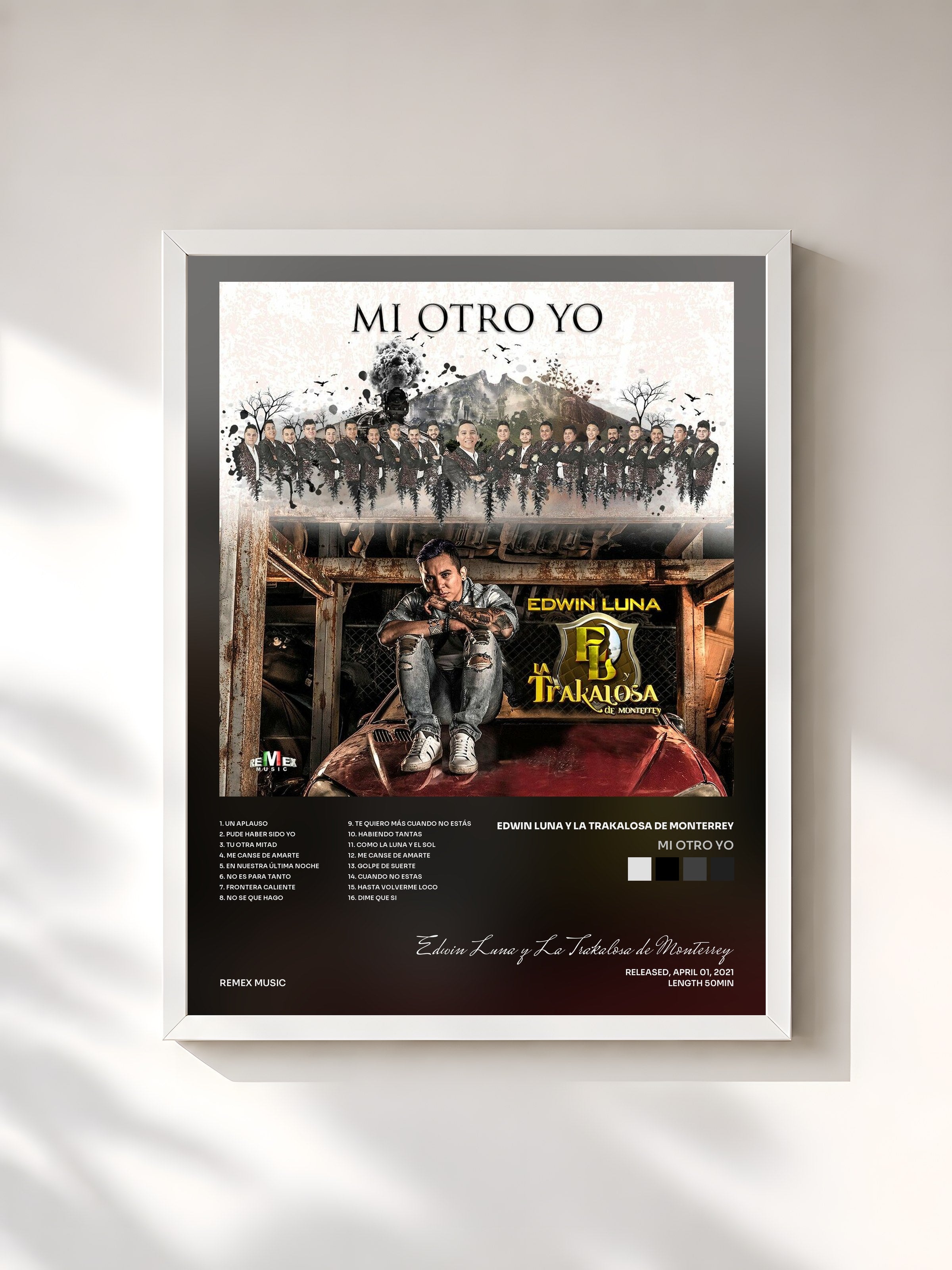 #blanc Tableau de l'album Mi Otro Yo de Edwin Luna y La Trakalosa de Monterrey, cadre blanc, imprimé et encadré en France