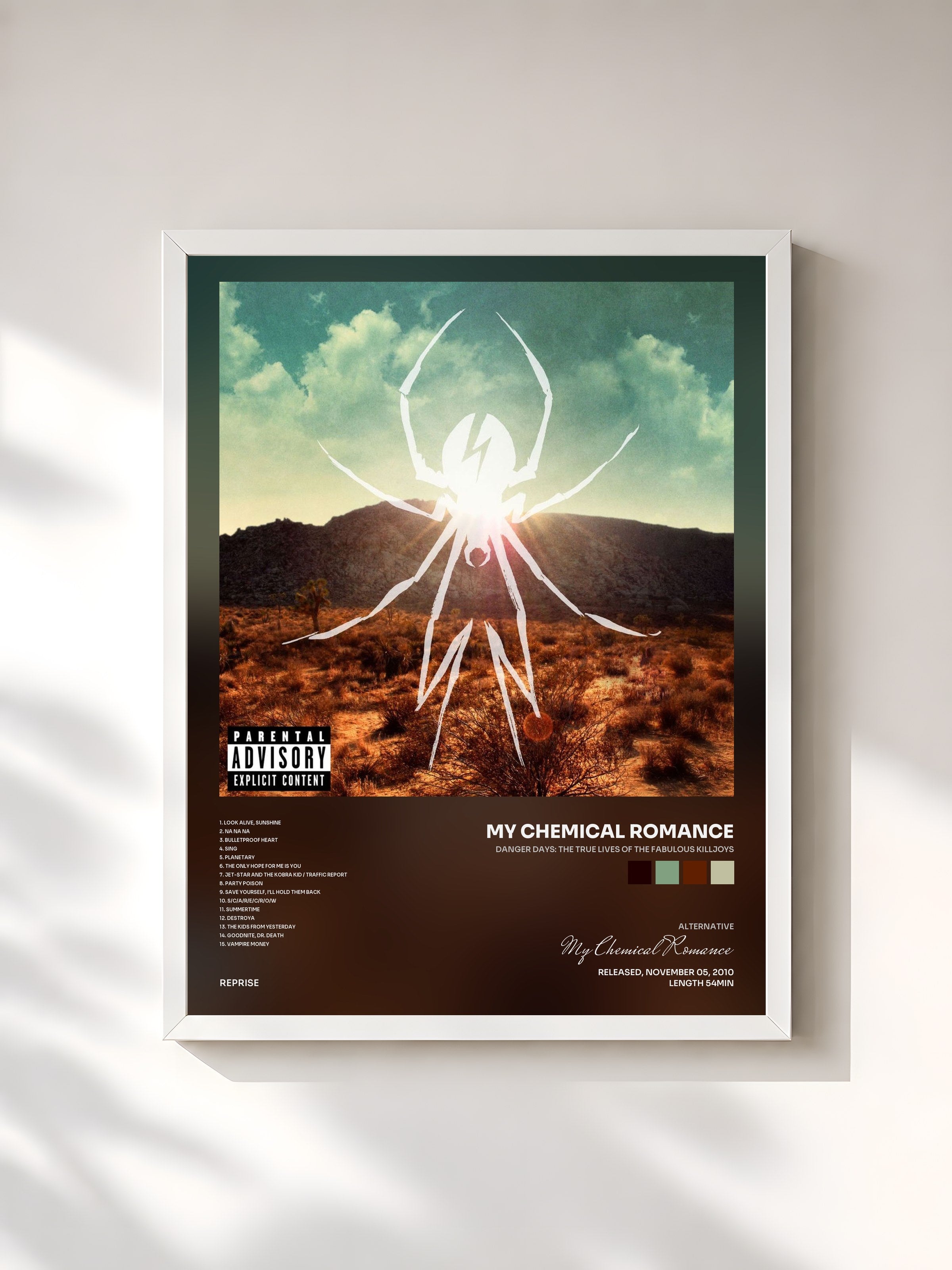 #blanc Tableau de l'album Danger Days: The True Lives of the Fabulous Killjoys de My Chemical Romance, cadre blanc, imprimé et encadré en France
