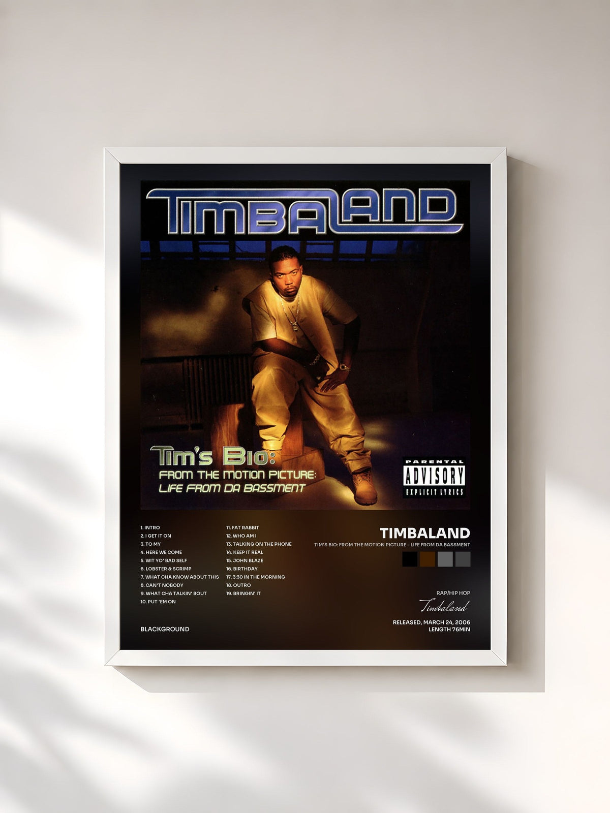 #blanc Tableau de l'album Tim's Bio: From The Motion Picture - Life From Da Bassment de Timbaland, cadre blanc, imprimé et encadré en France