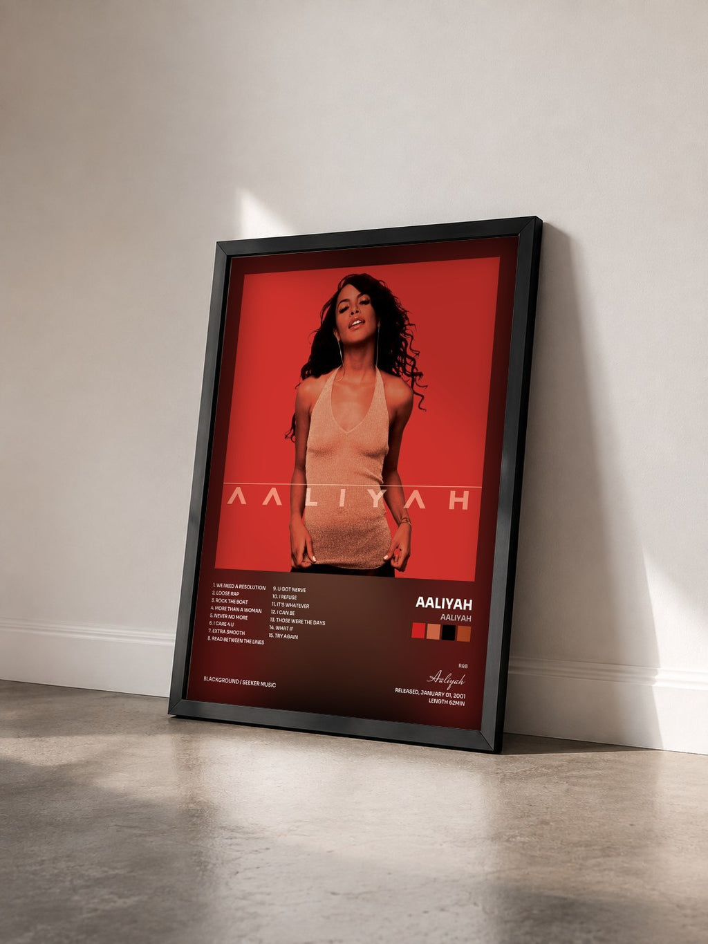 #noir Aaliyah de Aaliyah en lámina enmarcada vista de tres cuartos, marco negro