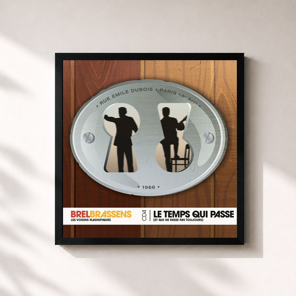 #noir Tableau carré de l'album Le temps qui passe (et qui parfois ne passe pas) de Jacques Brel, cadre noir 32x32 cm