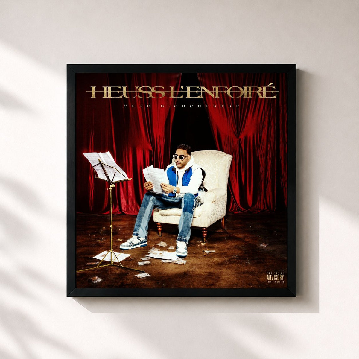 #noir Tableau carré de l'album Chef D'orchestre de Heuss L'enfoiré, cadre noir 32x32 cm