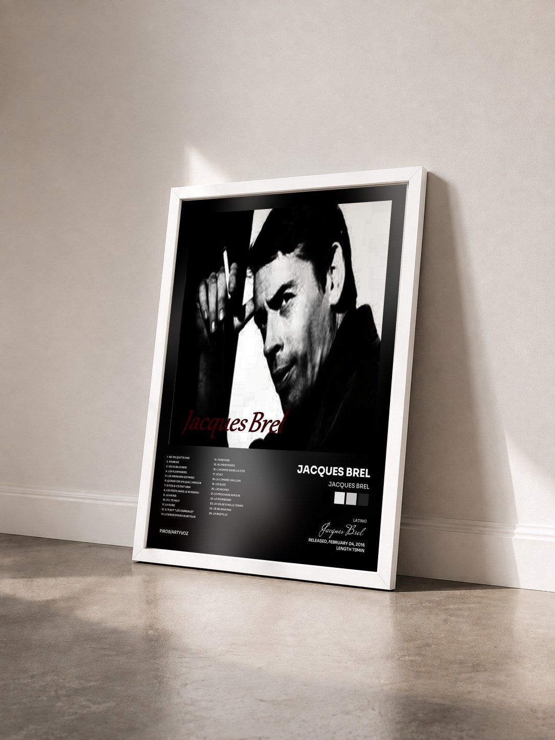 #blanc Tableau de l'album Jacques Brel de Jacques Brel vu de trois quarts, cadre blanc