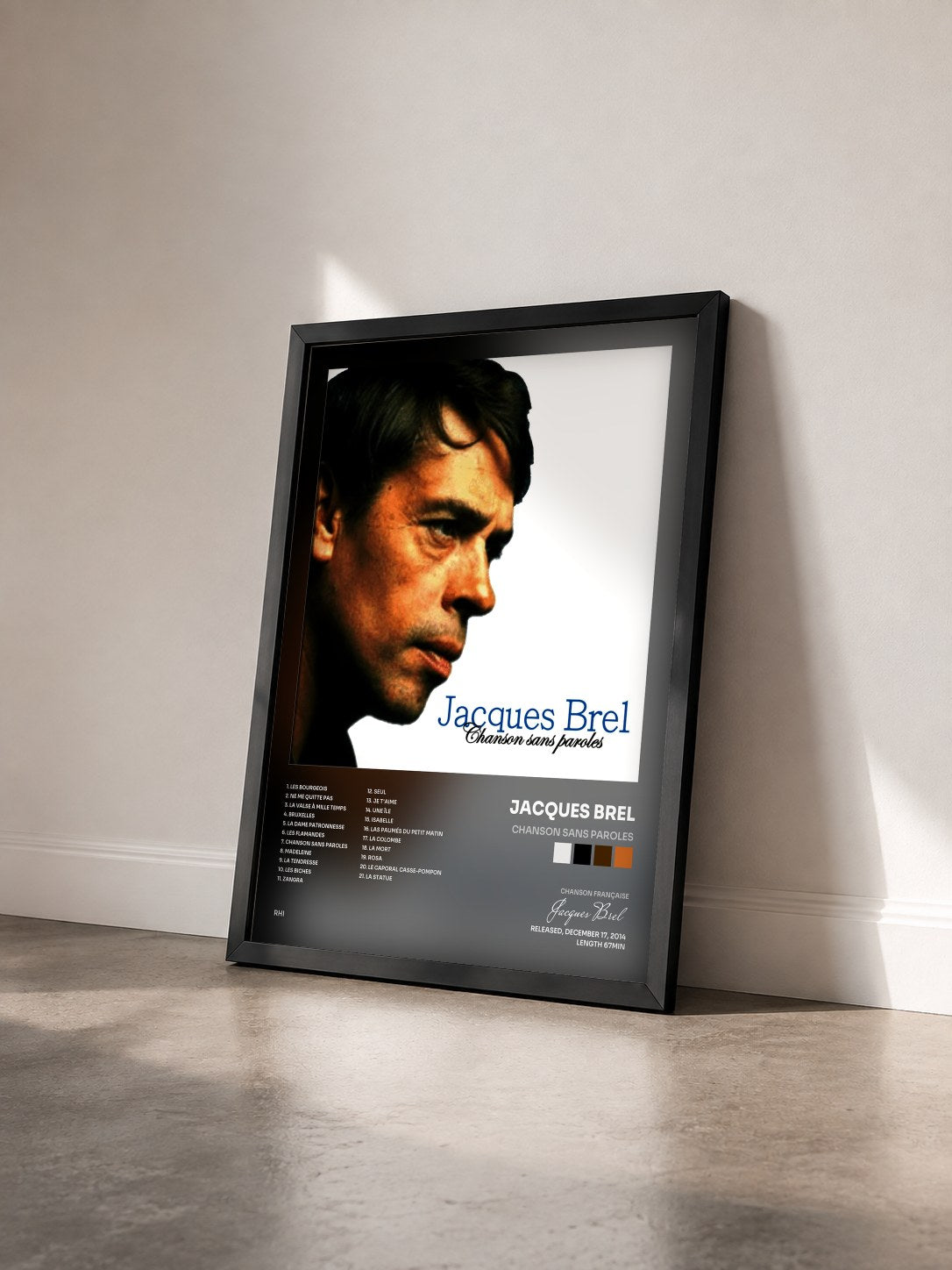 #noir Tableau de l'album Chanson sans paroles de Jacques Brel vu de trois quarts, cadre noir