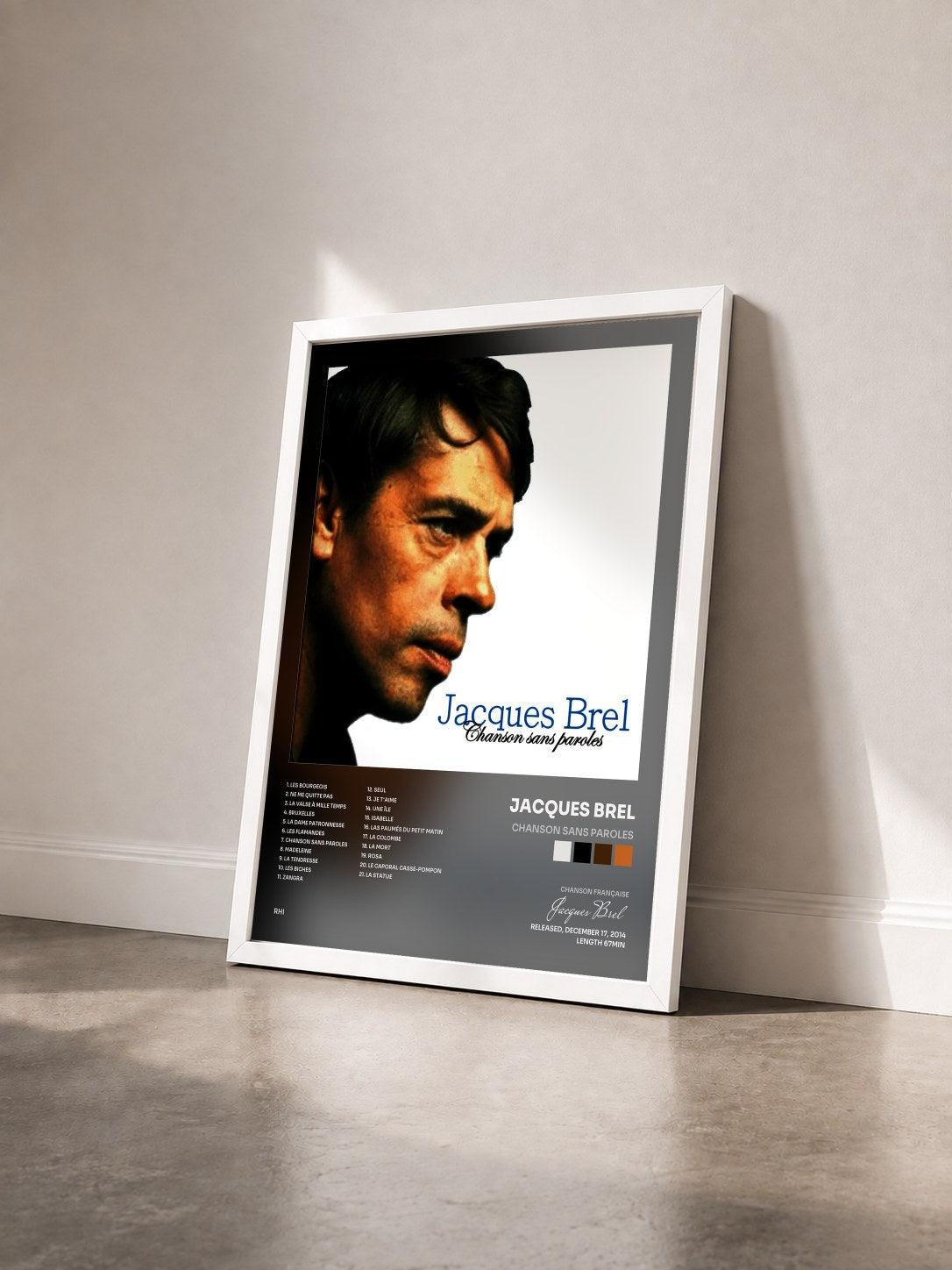 #blanc Tableau de l'album Chanson sans paroles de Jacques Brel vu de trois quarts, cadre blanc