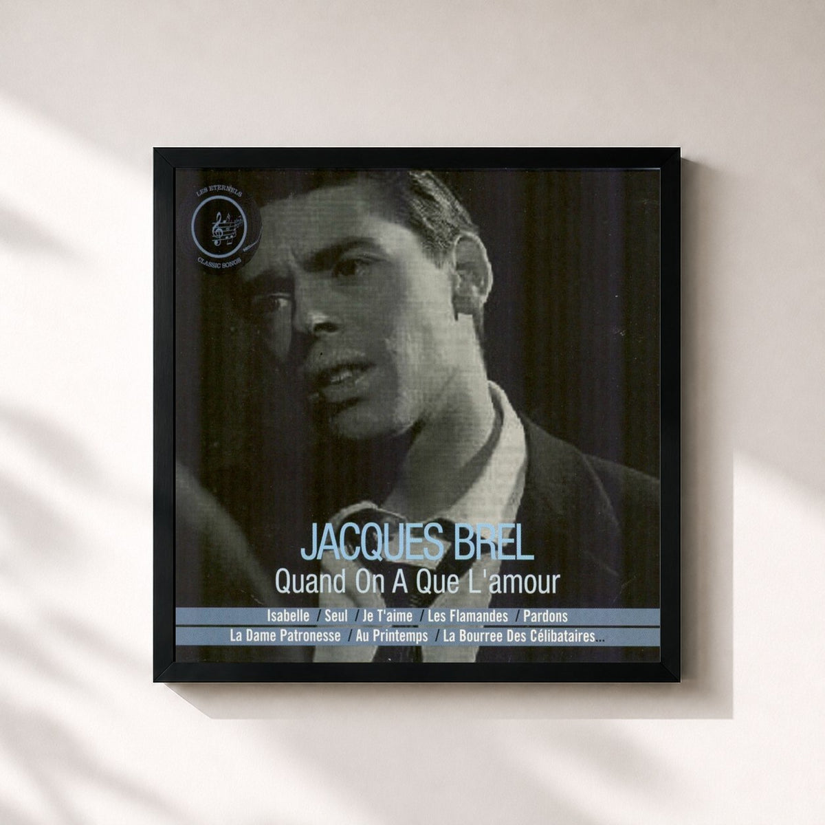#noir Tableau carré de l'album Quand on a que l'amour de Jacques Brel, cadre noir 32x32 cm