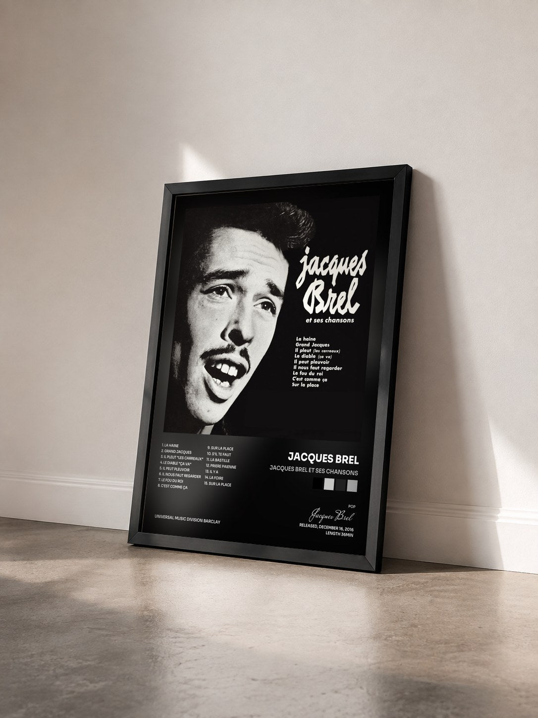#noir Tableau de l'album Jacques Brel et ses chansons de Jacques Brel vu de trois quarts, cadre noir