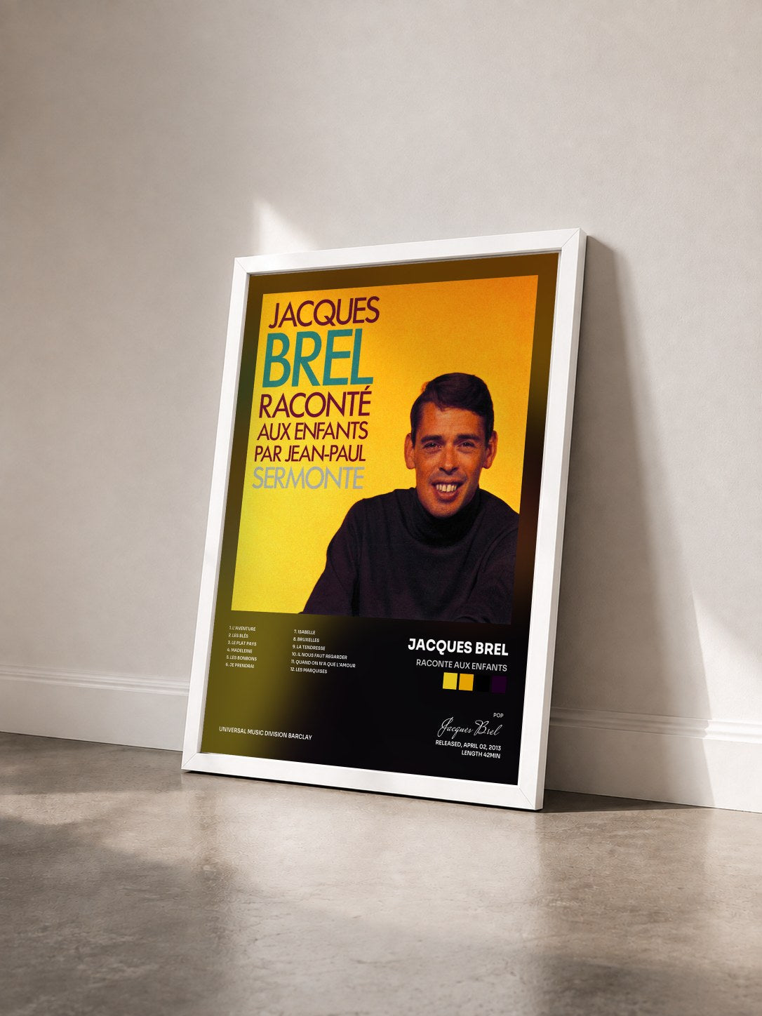 #blanc Tableau de l'album Raconte Aux Enfants de Jacques Brel vu de trois quarts, cadre blanc