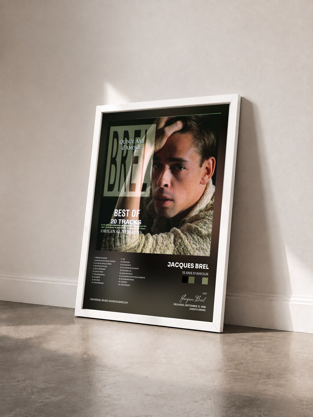 #blanc Tableau de l'album 15 Ans D'Amour de Jacques Brel vu de trois quarts, cadre blanc