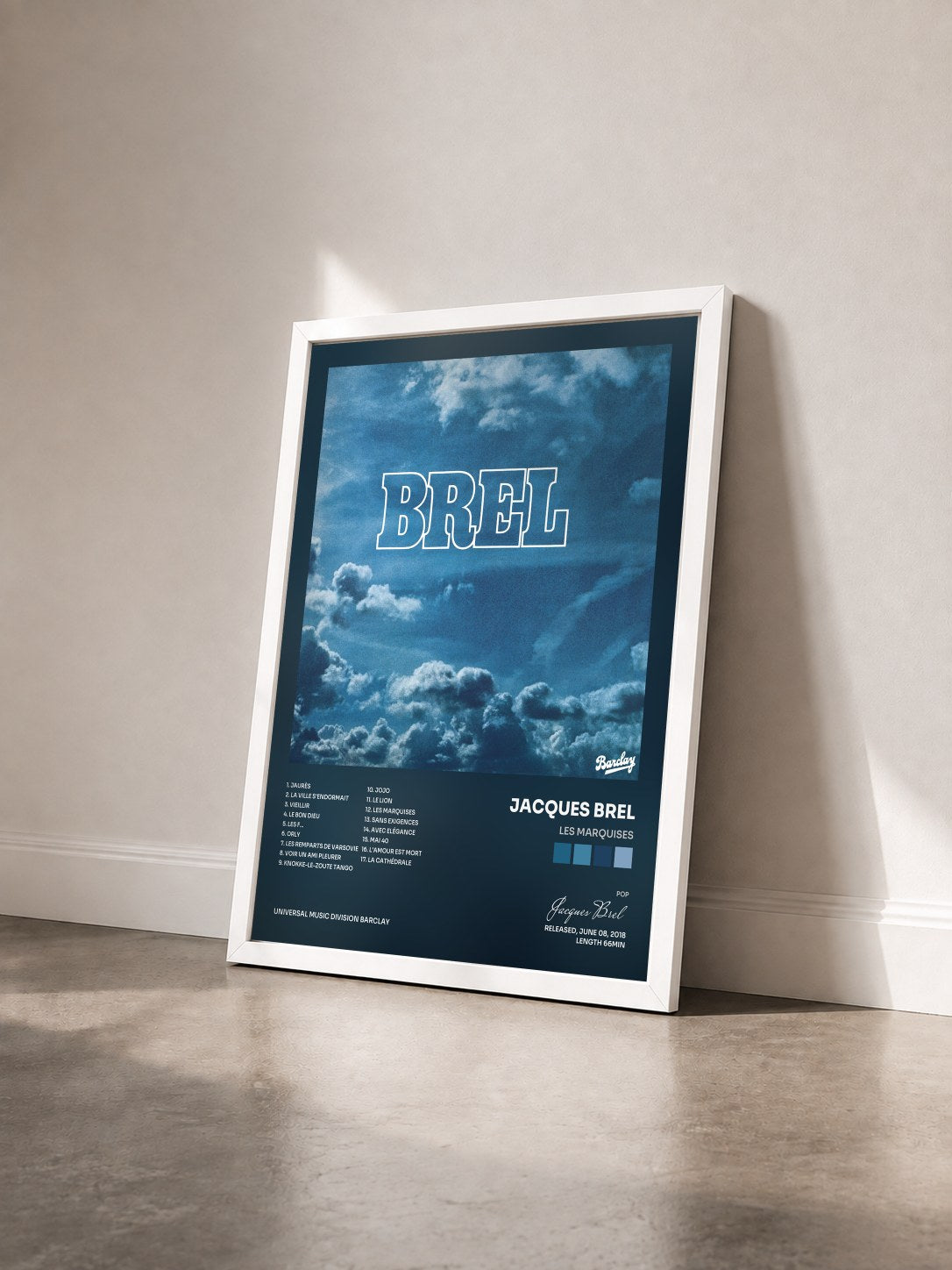 #blanc Tableau de l'album Les marquises de Jacques Brel vu de trois quarts, cadre blanc