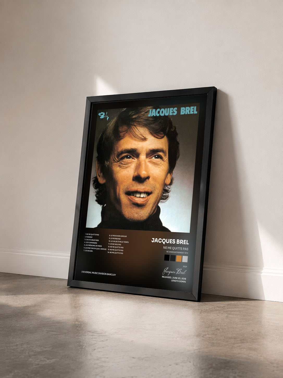 #noir Tableau de l'album Ne me quitte pas (Ré-enregistrement 1972) de Jacques Brel vu de trois quarts, cadre noir