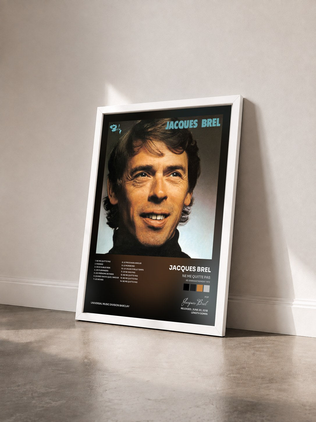 #blanc Tableau de l'album Ne me quitte pas (Ré-enregistrement 1972) de Jacques Brel vu de trois quarts, cadre blanc