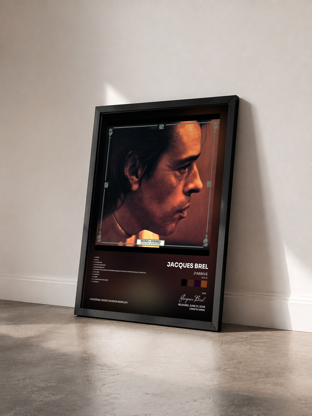 #noir Tableau de l'album J'Arrive (Vol.12) de Jacques Brel vu de trois quarts, cadre noir