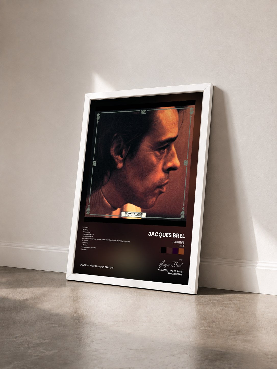 #blanc Tableau de l'album J'Arrive (Vol.12) de Jacques Brel vu de trois quarts, cadre blanc