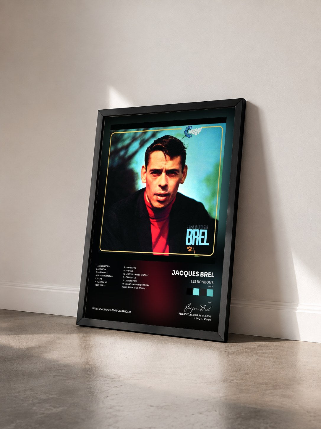 #noir Tableau de l'album Les Bonbons (Vol.8) de Jacques Brel vu de trois quarts, cadre noir