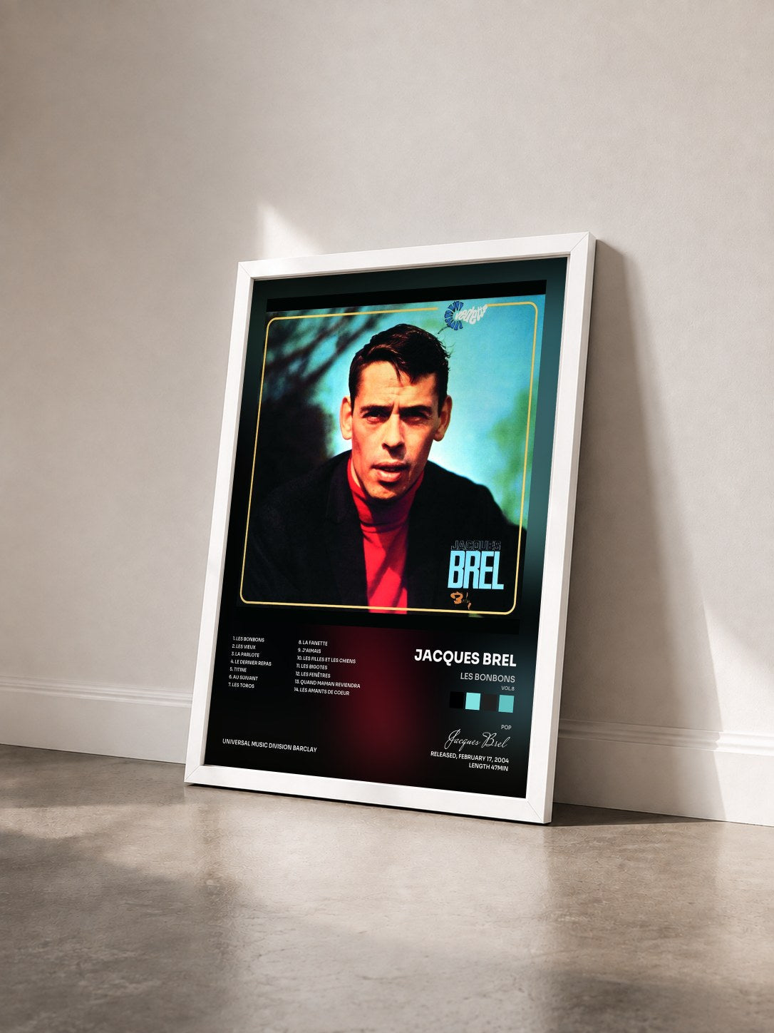 #blanc Tableau de l'album Les Bonbons (Vol.8) de Jacques Brel vu de trois quarts, cadre blanc