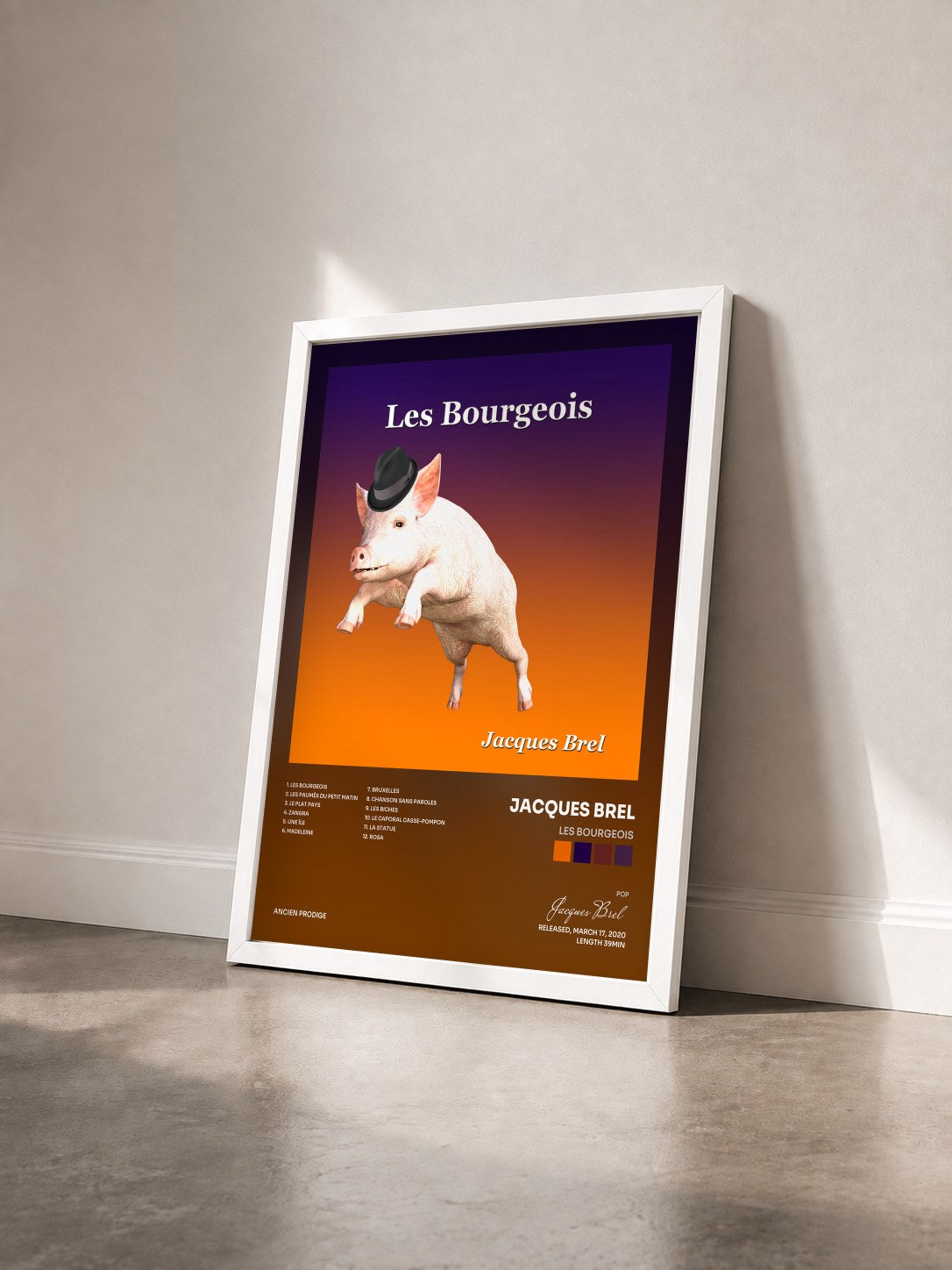 #blanc Tableau de l'album Les Bourgeois de Jacques Brel vu de trois quarts, cadre blanc