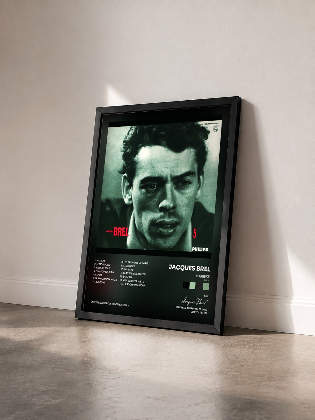 #noir Tableau de l'album Marieke (Vol.5) de Jacques Brel vu de trois quarts, cadre noir