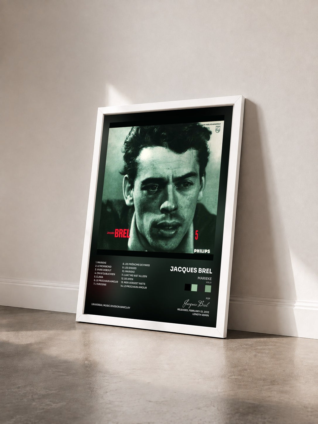 #blanc Tableau de l'album Marieke (Vol.5) de Jacques Brel vu de trois quarts, cadre blanc