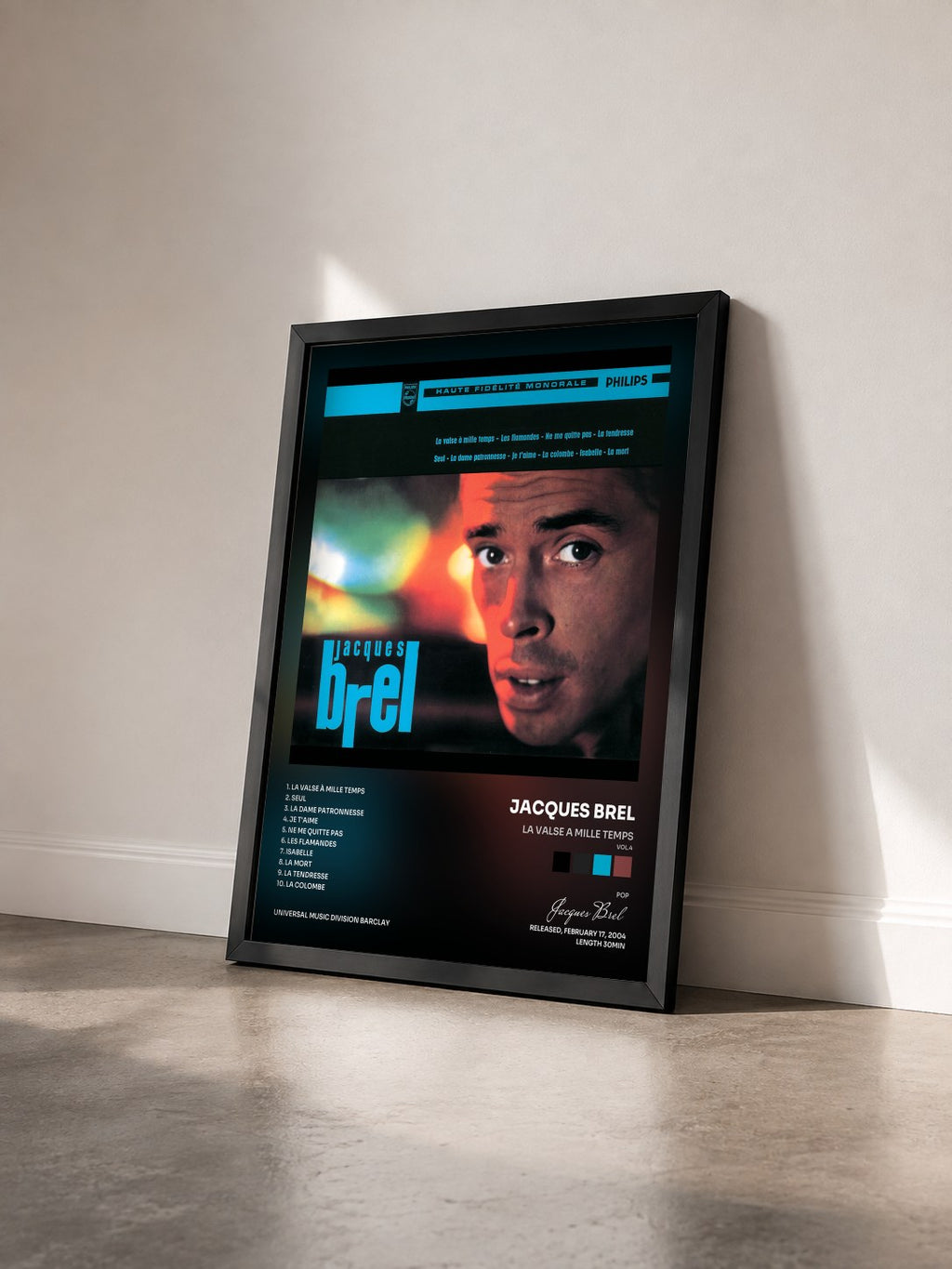 #noir La Valse A Mille Temps (Vol.4) by Jacques Brel as a framed art print seen at an angle, black frame