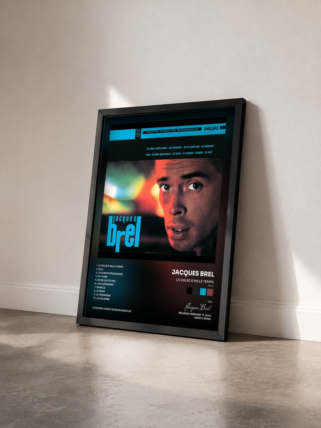 #noir Tableau de l'album La Valse A Mille Temps (Vol.4) de Jacques Brel vu de trois quarts, cadre noir