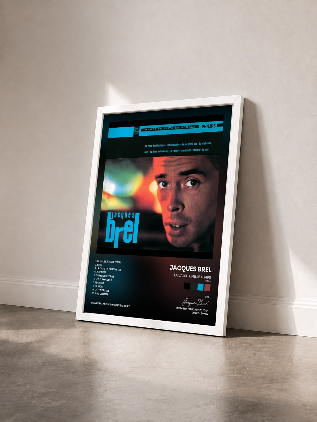 #blanc La Valse A Mille Temps (Vol.4) by Jacques Brel as a framed art print seen at an angle, white frame