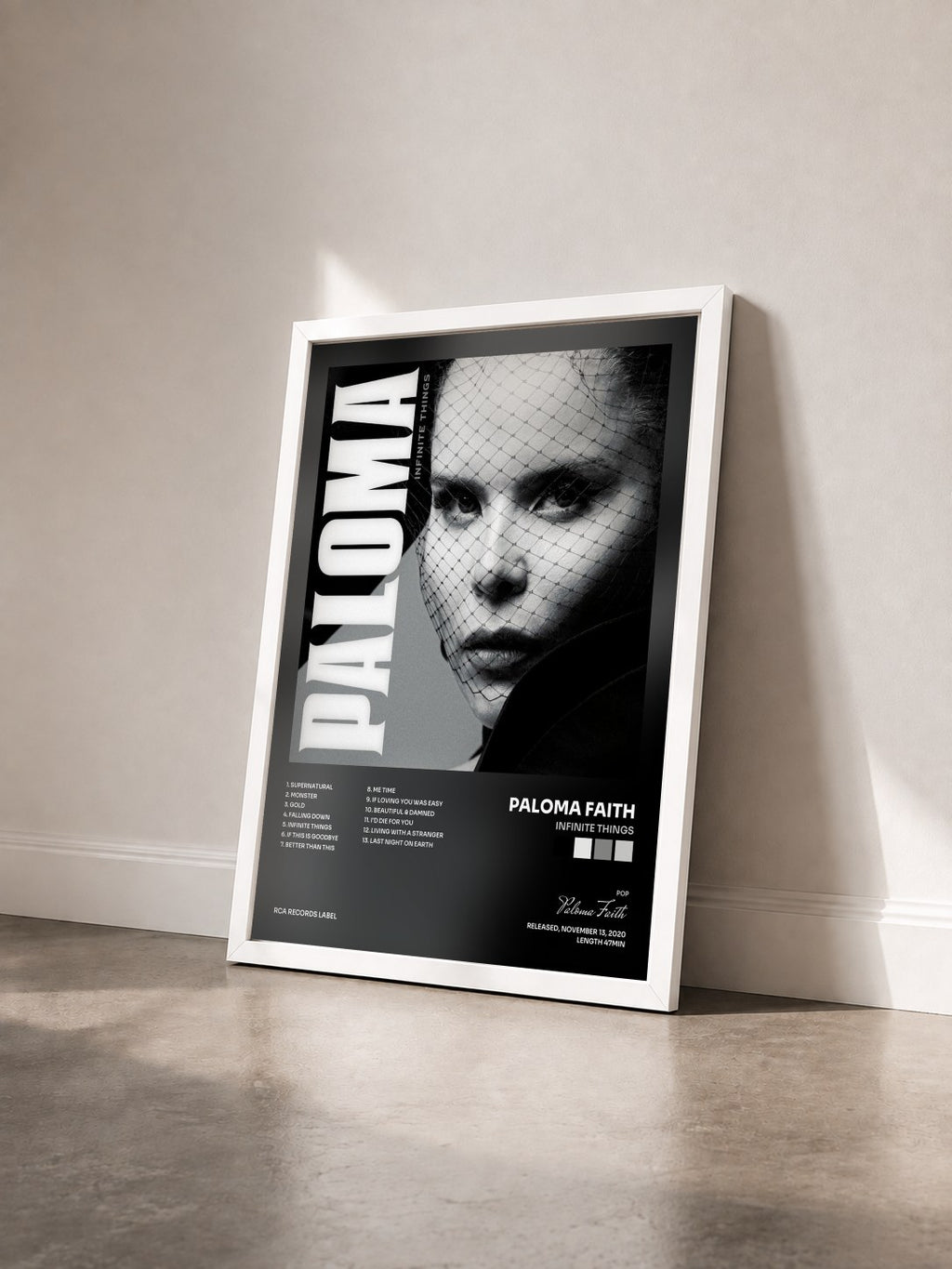 #blanc Tableau de l'album Infinite Things de Paloma Faith vu de trois quarts, cadre blanc