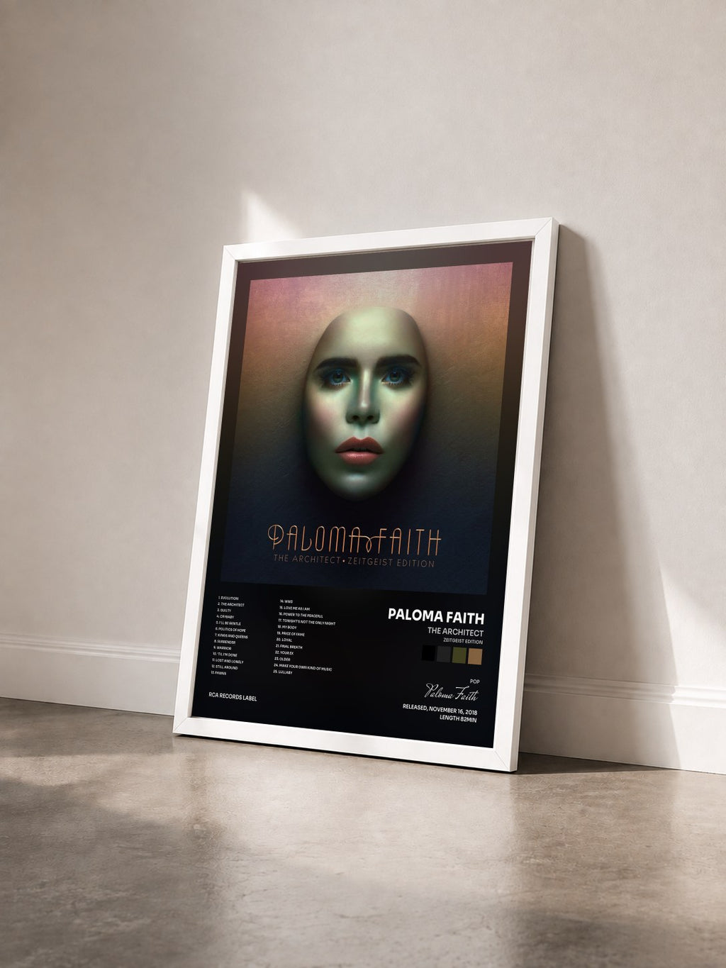 #blanc Tableau de l'album The Architect (Zeitgeist Edition) de Paloma Faith vu de trois quarts, cadre blanc