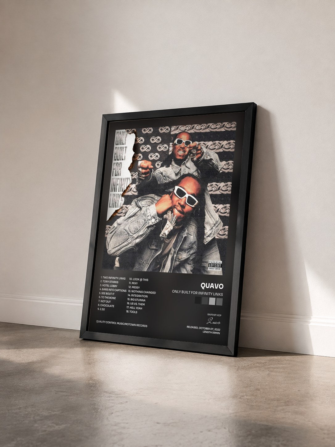 #noir Only Built For Infinity Links von Quavo als gerahmter Kunstdruck von schräg gesehen, schwarzer Rahmen