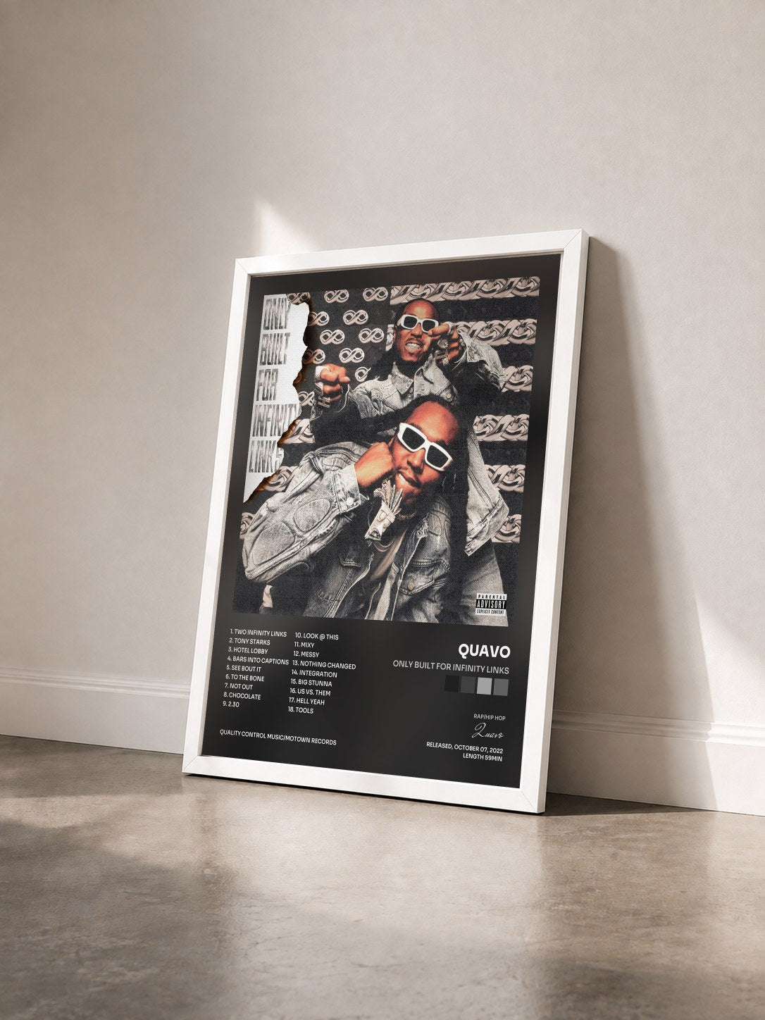 #blanc Only Built For Infinity Links von Quavo als gerahmter Kunstdruck von schräg gesehen, weißer Rahmen