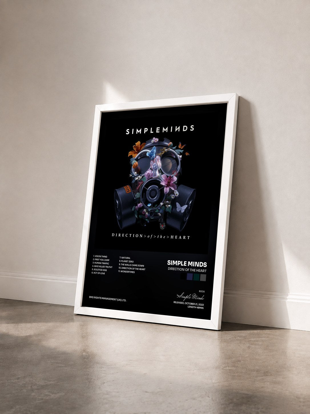 #blanc Direction of the Heart di Simple Minds in stampa incorniciata vista di tre quarti, cornice bianca