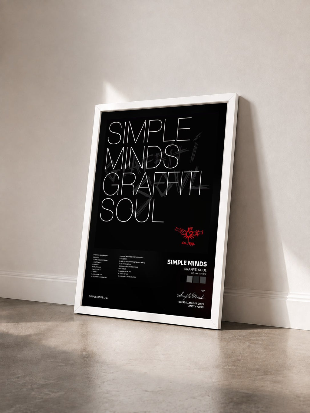 #blanc Graffiti Soul (Deluxe Edition) by Simple Minds as a framed art print seen at an angle, white frame
