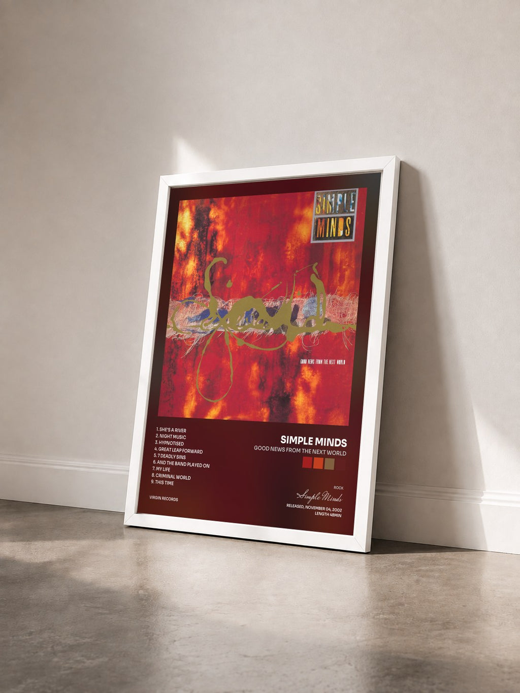 #blanc Good News From The Next World by Simple Minds as a framed art print seen at an angle, white frame