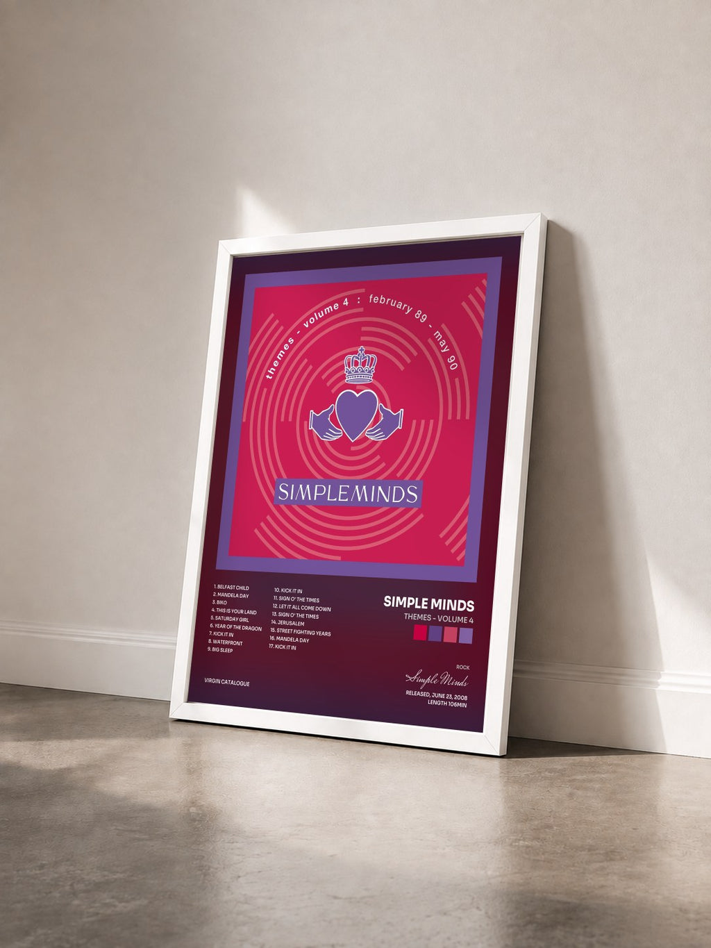 #blanc Tableau de l'album Themes - Volume 4 de Simple Minds vu de trois quarts, cadre blanc