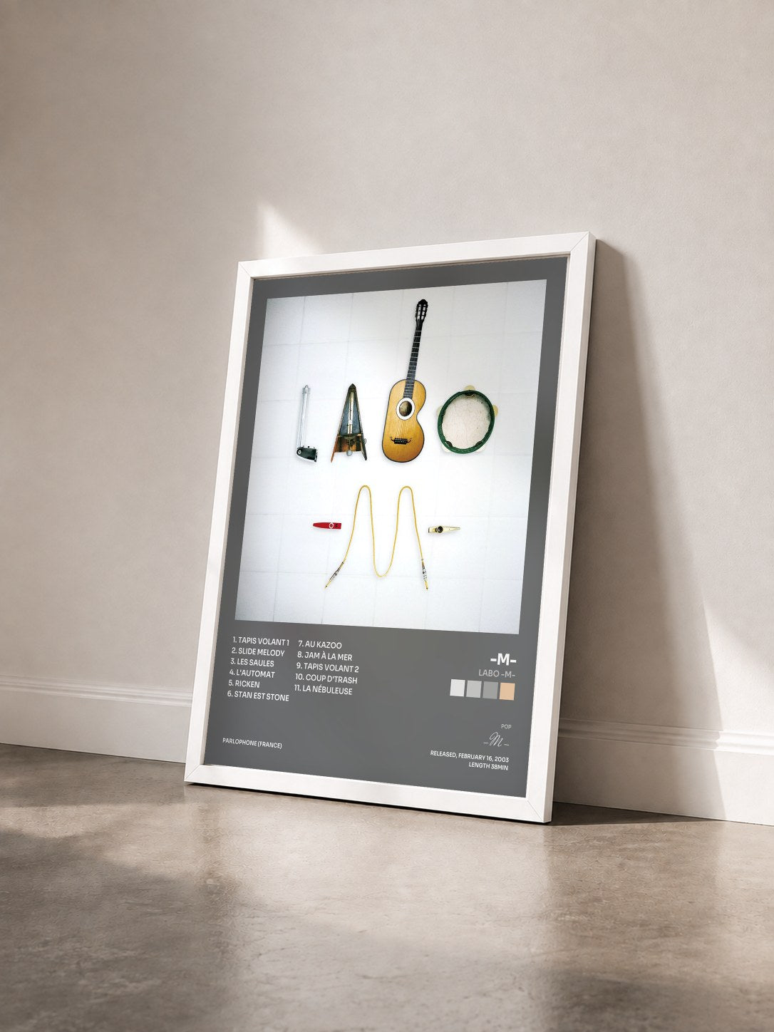 #blanc Tableau de l'album Labo -M- de -M- vu de trois quarts, cadre blanc
