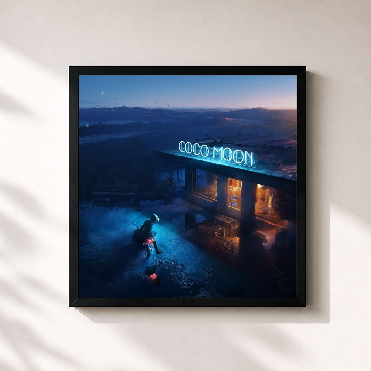 #noir Coco Moon by Owl City as a square framed art print, black 32x32 cm frame