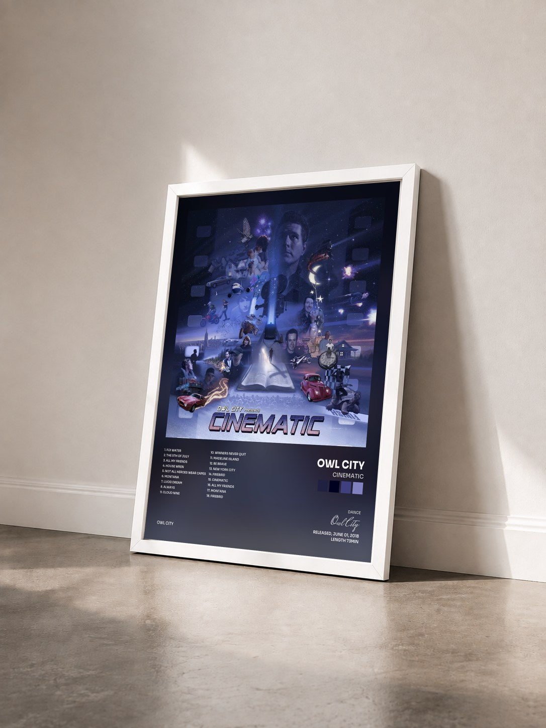 #blanc Cinematic by Owl City as a framed art print seen at an angle, white frame