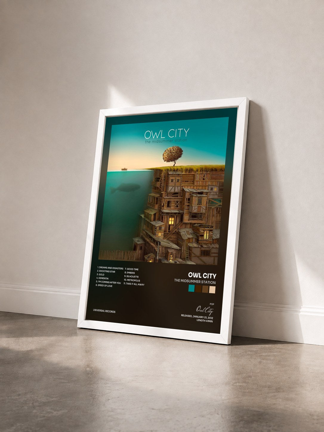 #blanc The Midsummer Station by Owl City as a framed art print seen at an angle, white frame
