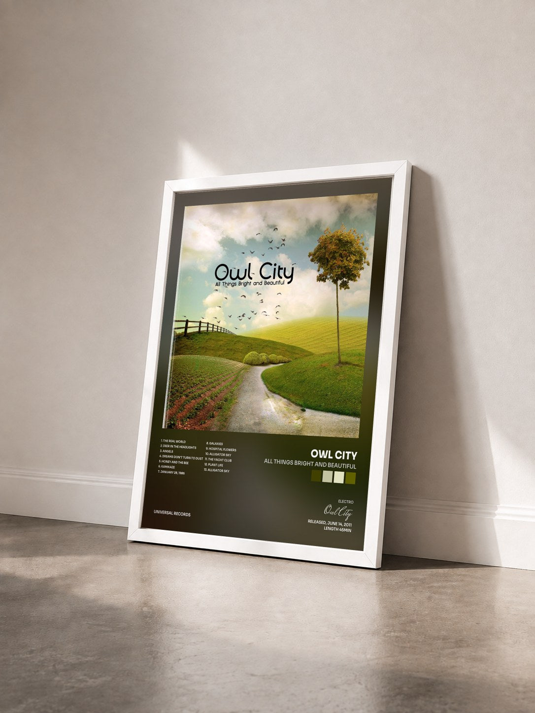 #blanc All Things Bright And Beautiful by Owl City as a framed art print seen at an angle, white frame
