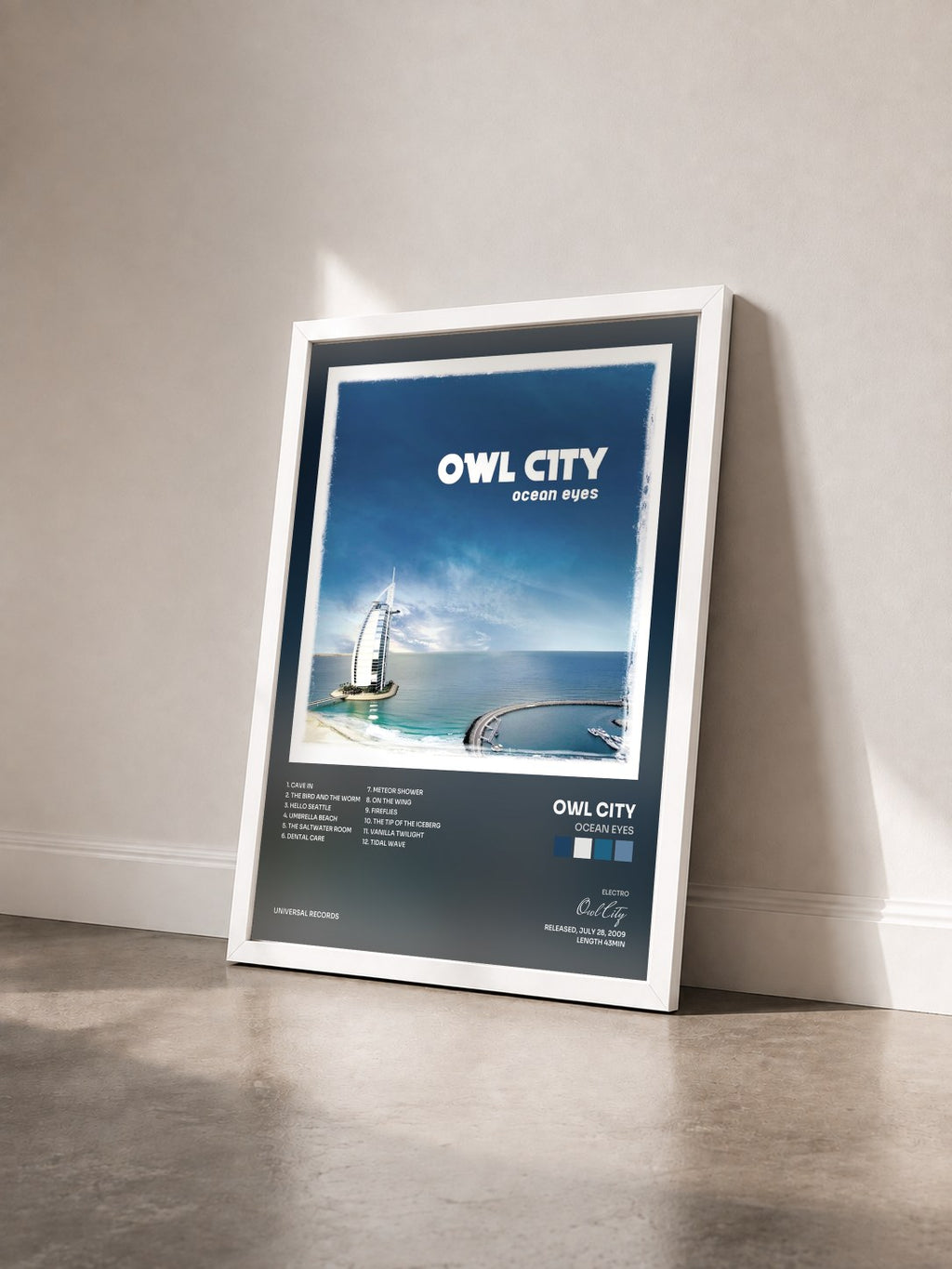#blanc Ocean Eyes by Owl City as a framed art print seen at an angle, white frame
