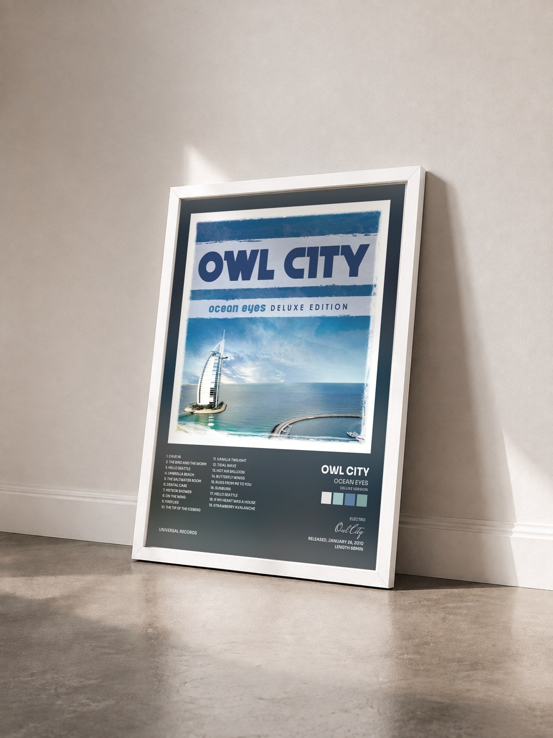 #blanc Ocean Eyes (Deluxe Version) by Owl City as a framed art print seen at an angle, white frame