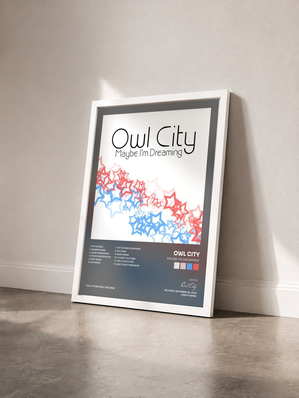 #blanc Maybe I'm Dreaming de Owl City en lámina enmarcada vista de tres cuartos, marco blanco