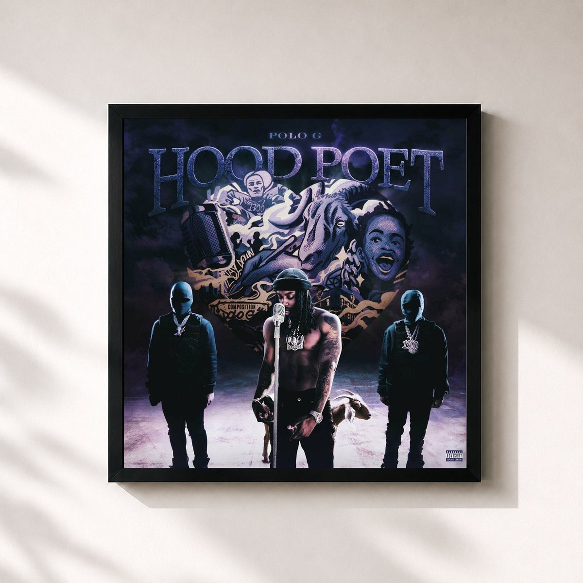#noir Tableau carré de l'album HOOD POET de POLO G, cadre noir 32x32 cm