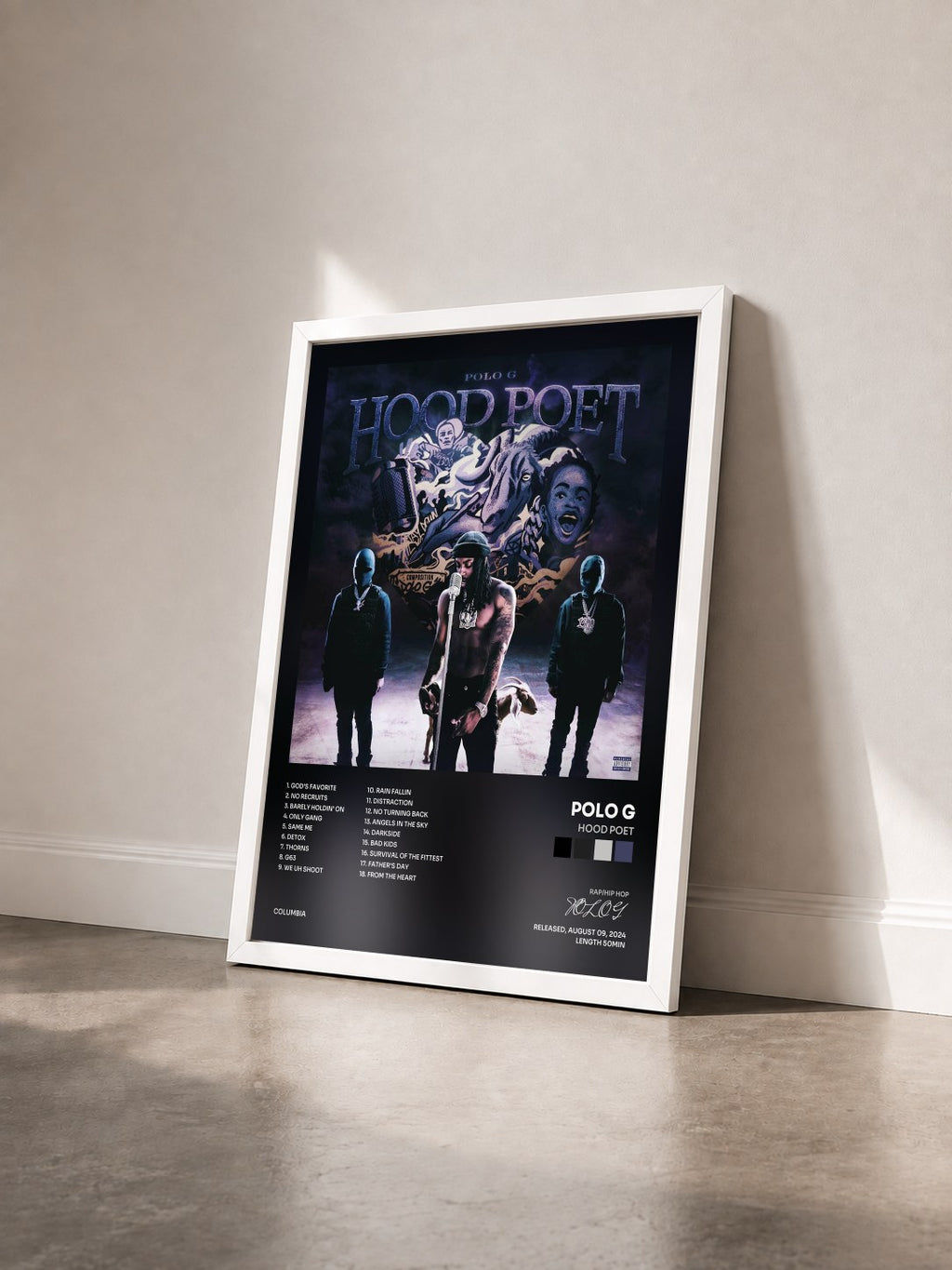 #blanc HOOD POET by POLO G as a framed art print seen at an angle, white frame