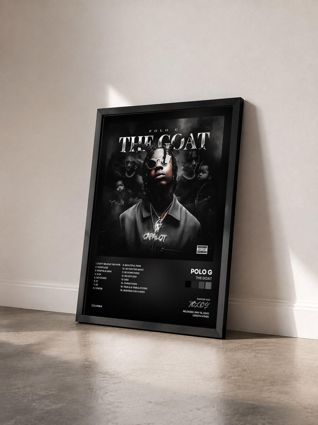#noir Tableau de l'album THE GOAT de POLO G vu de trois quarts, cadre noir