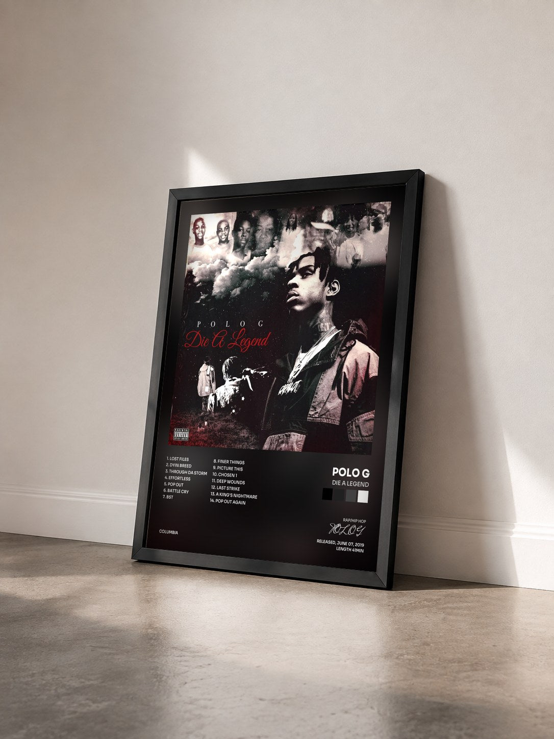 #noir Tableau de l'album Die A Legend de POLO G vu de trois quarts, cadre noir