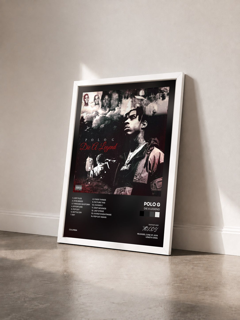 #blanc Tableau de l'album Die A Legend de POLO G vu de trois quarts, cadre blanc