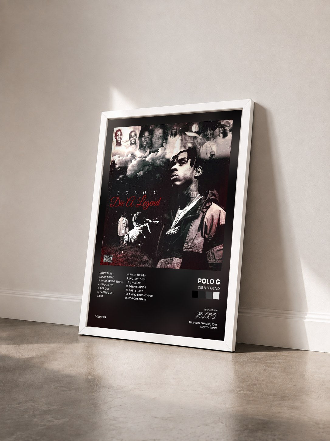 #blanc Tableau de l'album Die A Legend de POLO G vu de trois quarts, cadre blanc